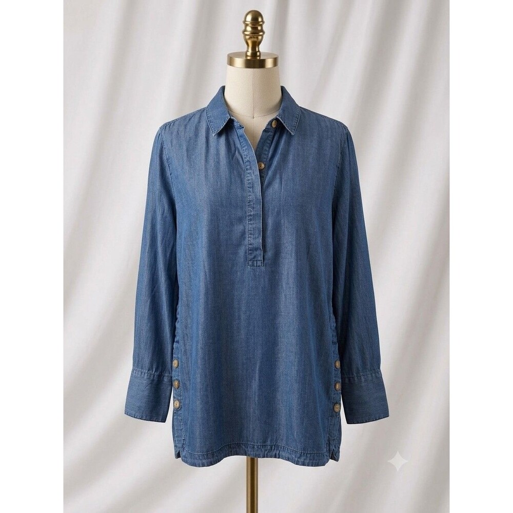 CHICOS Blue Tencel Denim Chambray Tunic Top Button Detail - 2 12/14 L